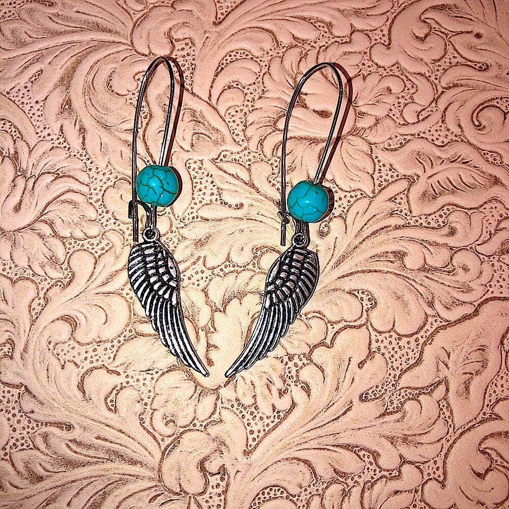 ANGEL WINGS & TURQUOISE LONG DUSTER EARRINGS